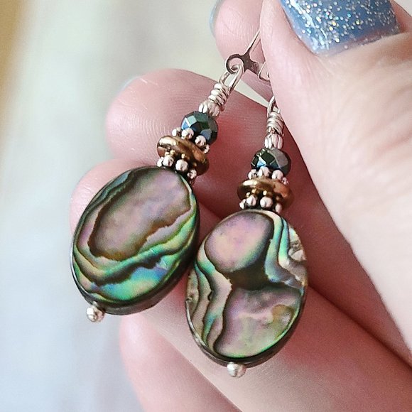 Abalone Earrings With Sterling Silver Leverback Earwires - Picture 2 of 10